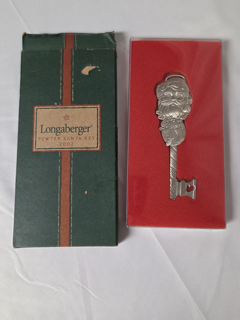 Longaberger Pewter Santa Key Ornament NIB VTG 2002 Santa w/ Stockings‎ Design
